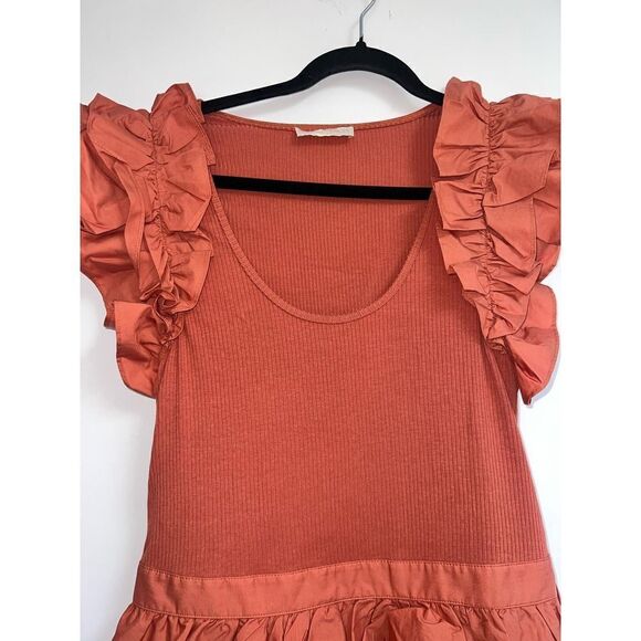 ULLA JOHNSON Hanna Tiered Ruffle Mini Dress Size 10 Women’s in Burnt Orange - Picture 8 of 12